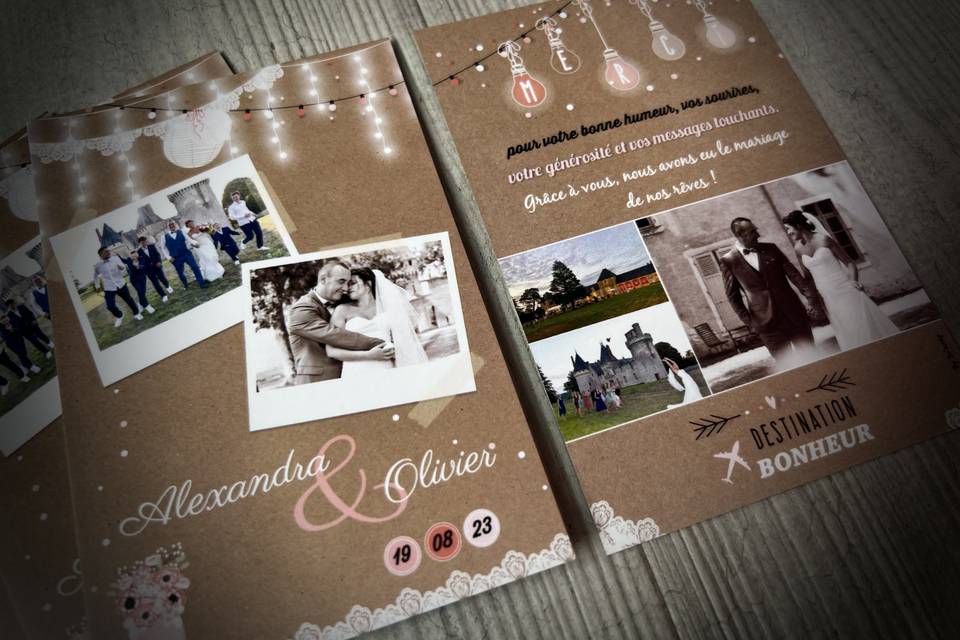 Carte remerciements mariage