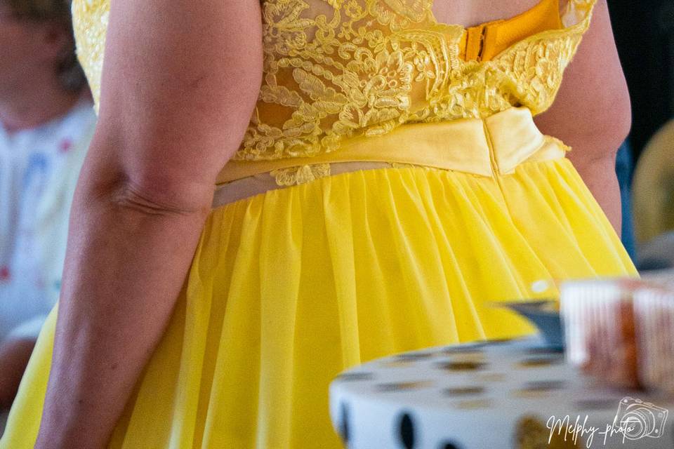Robe dorée et dentelle fine