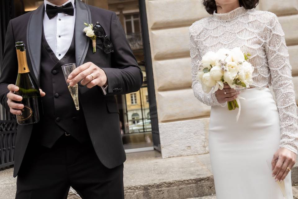 Détail : champagne et bouquet