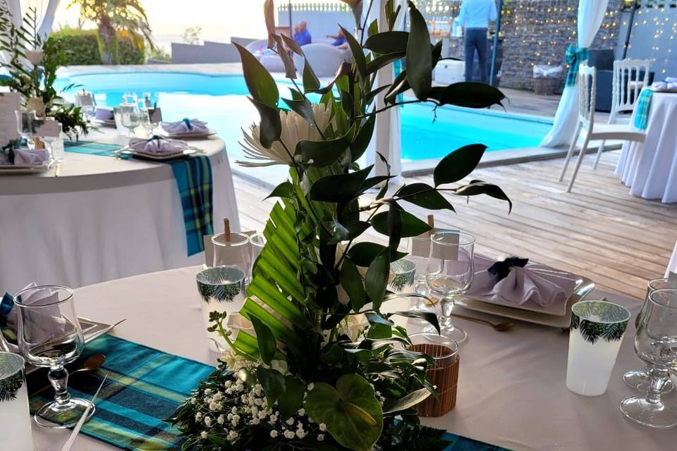 Madras bleu, bambou, tropical