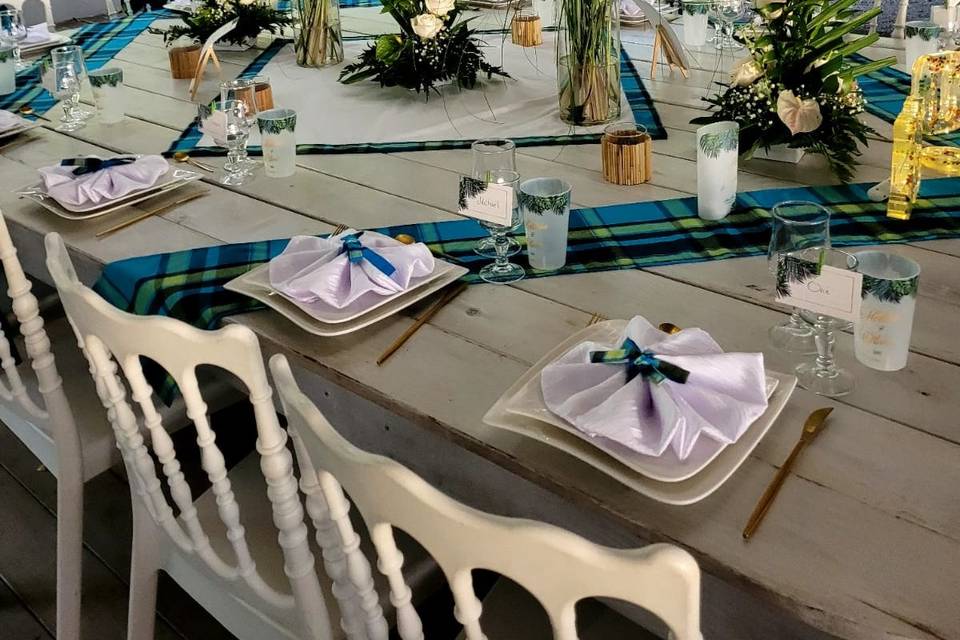 Madras bleu, bambou, tropical