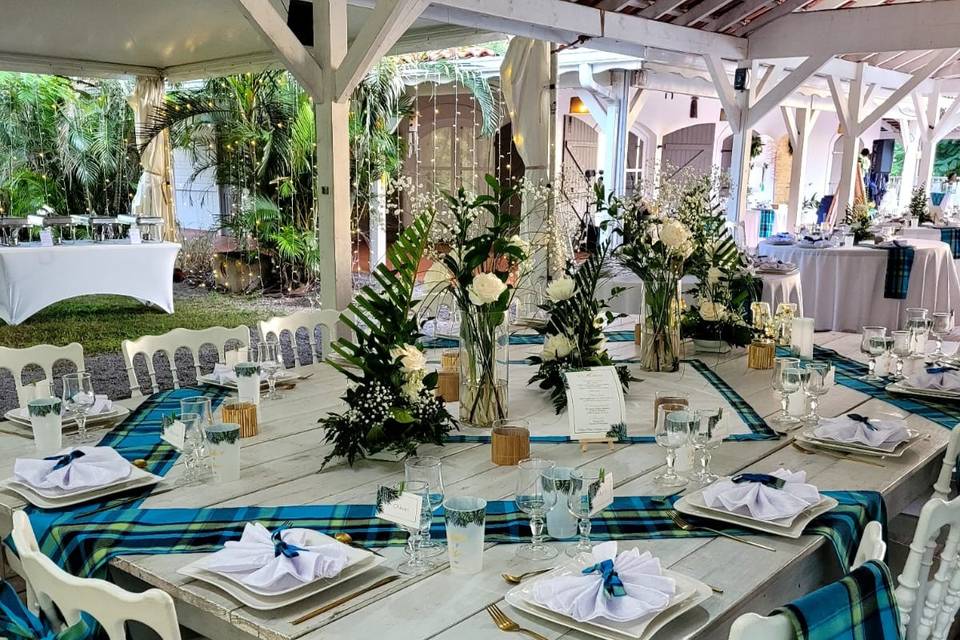 Madras bleu, bambou, tropical
