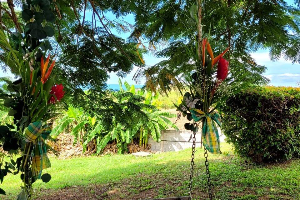 Madras bleu, bambou, tropical