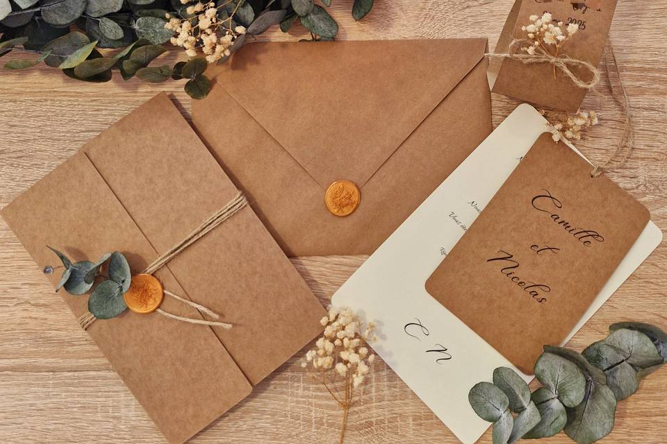 Faire part kraft + eucalyptus