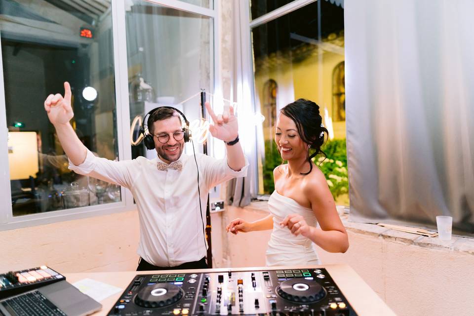 Bride and groom in the mix