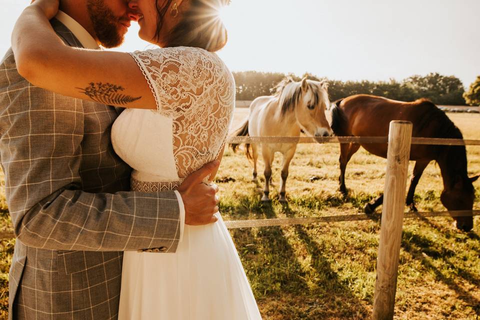 Couple sunset chevaux