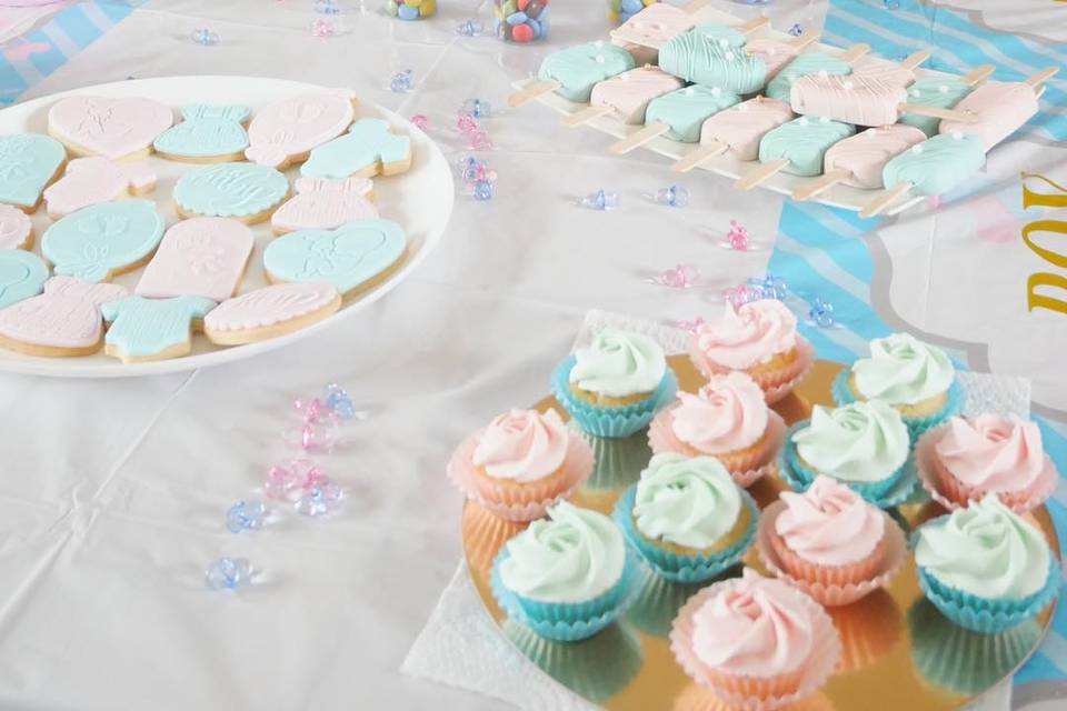 Sweet table bleu/rose pastel