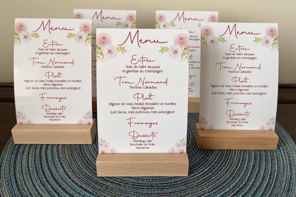 Menus thème rose et gold