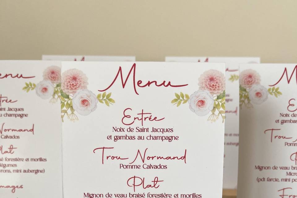 Menu thème rose et gold