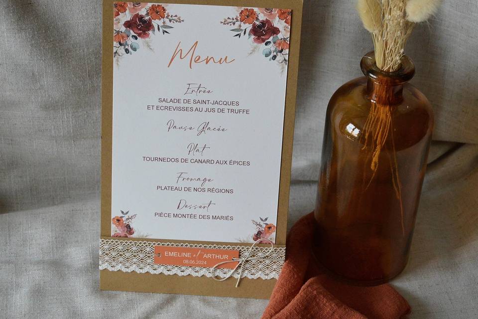 Menu mariage bohème rouille