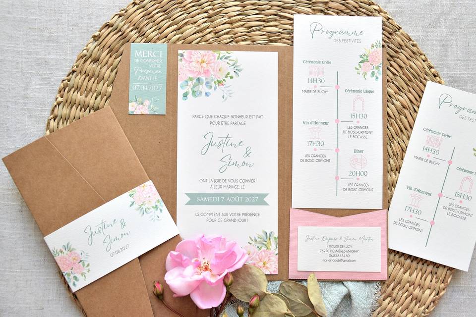 Faire-part rose et vert sauge