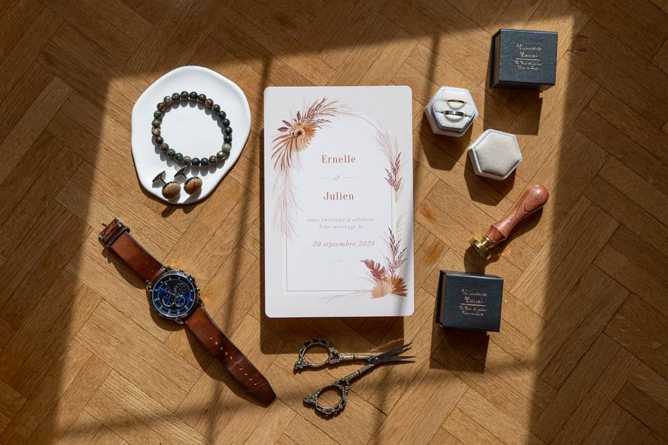 Faire part, bijoux du marié