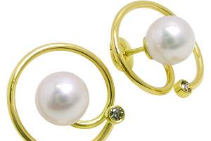 Boucle d'oreille or jaune, perles blanches Akoya et diamants bruns