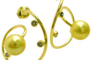 Boucle d'oreille or jaune, perles gold et diamants bruns