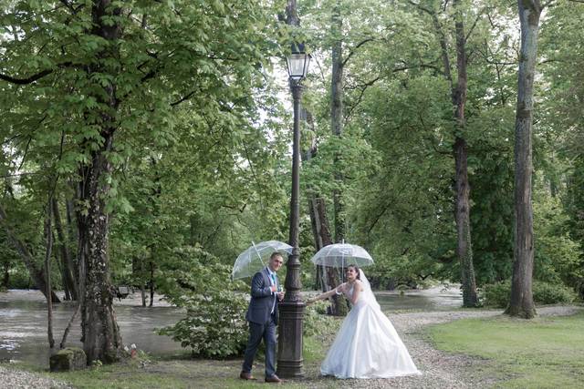 Couple de mariés se promenant dans le parc avec leur chien