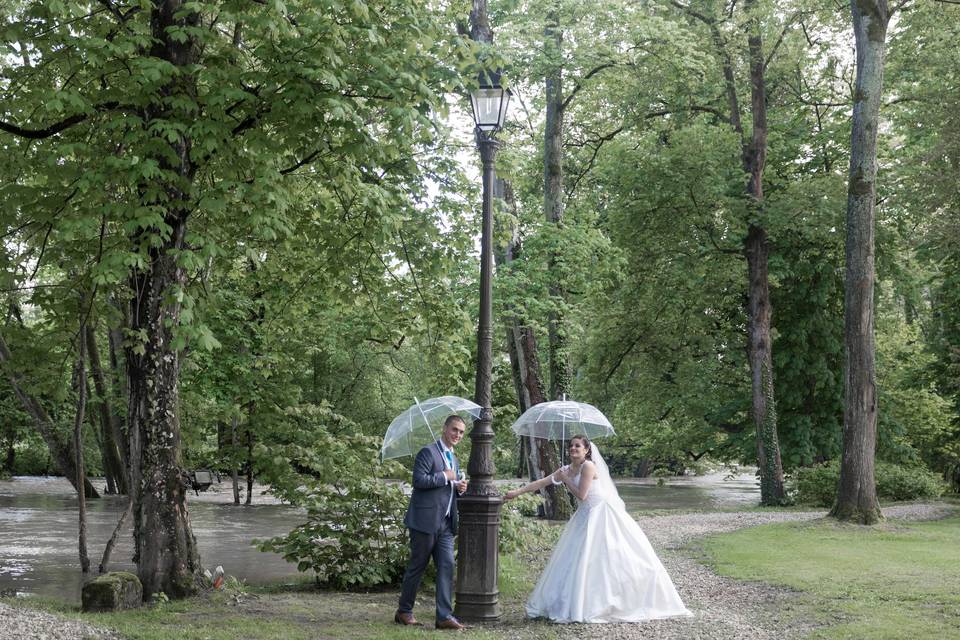 Couple de mariés se promenant dans le parc avec leur chien