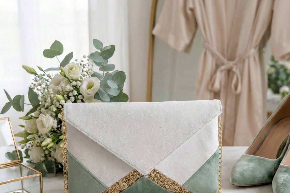 Pochette blanche & vert sauge
