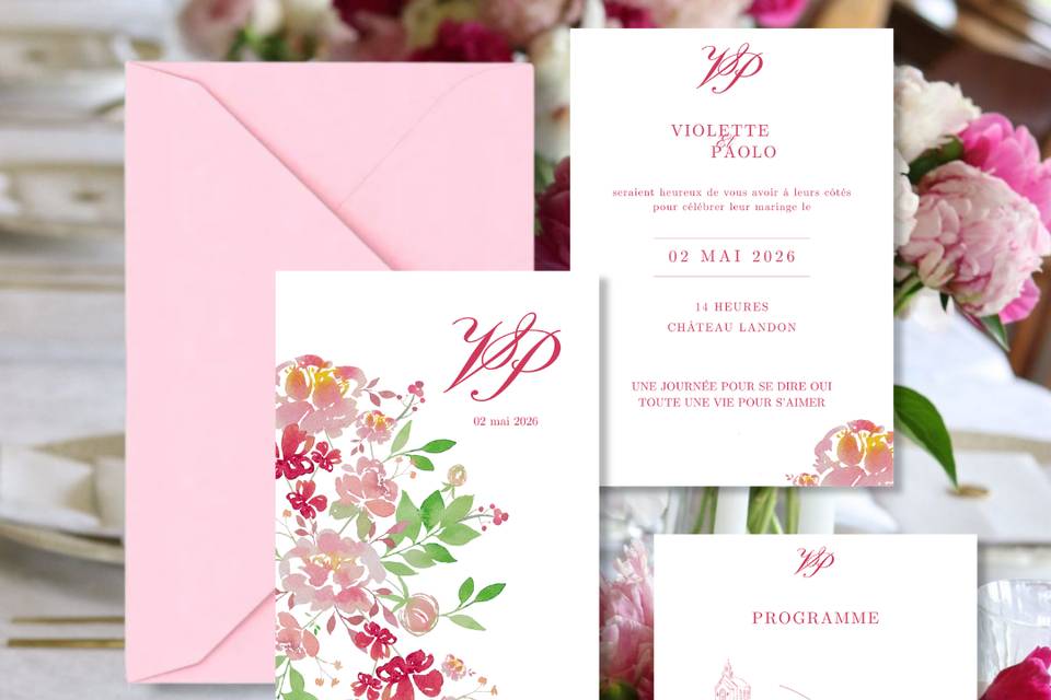 Suite faire-part pivoine rose