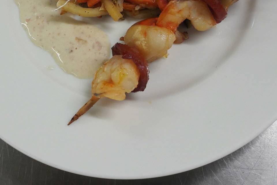 Brochette crevettes chorizo