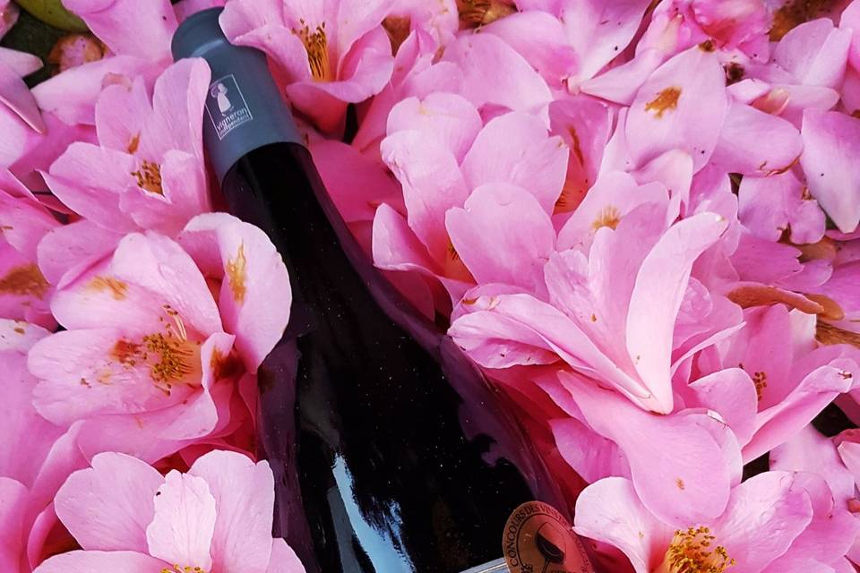 Vin rouge - fleurs roses