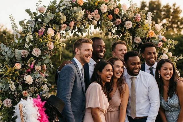 Photo de groupe sous l'arche fleurie, accessoires en fête