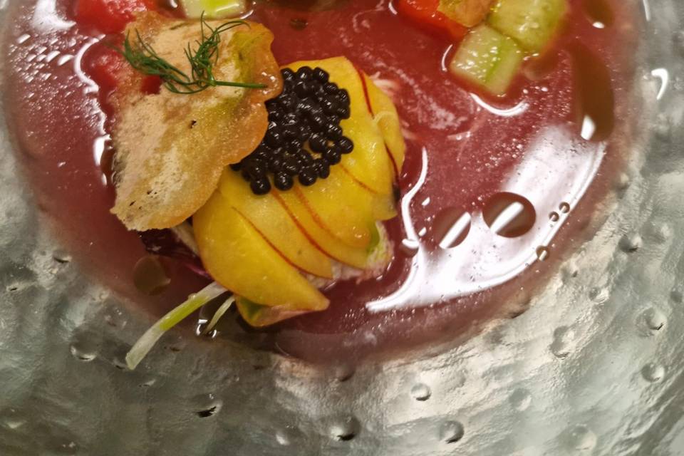Crabe, nectarine, pastèque